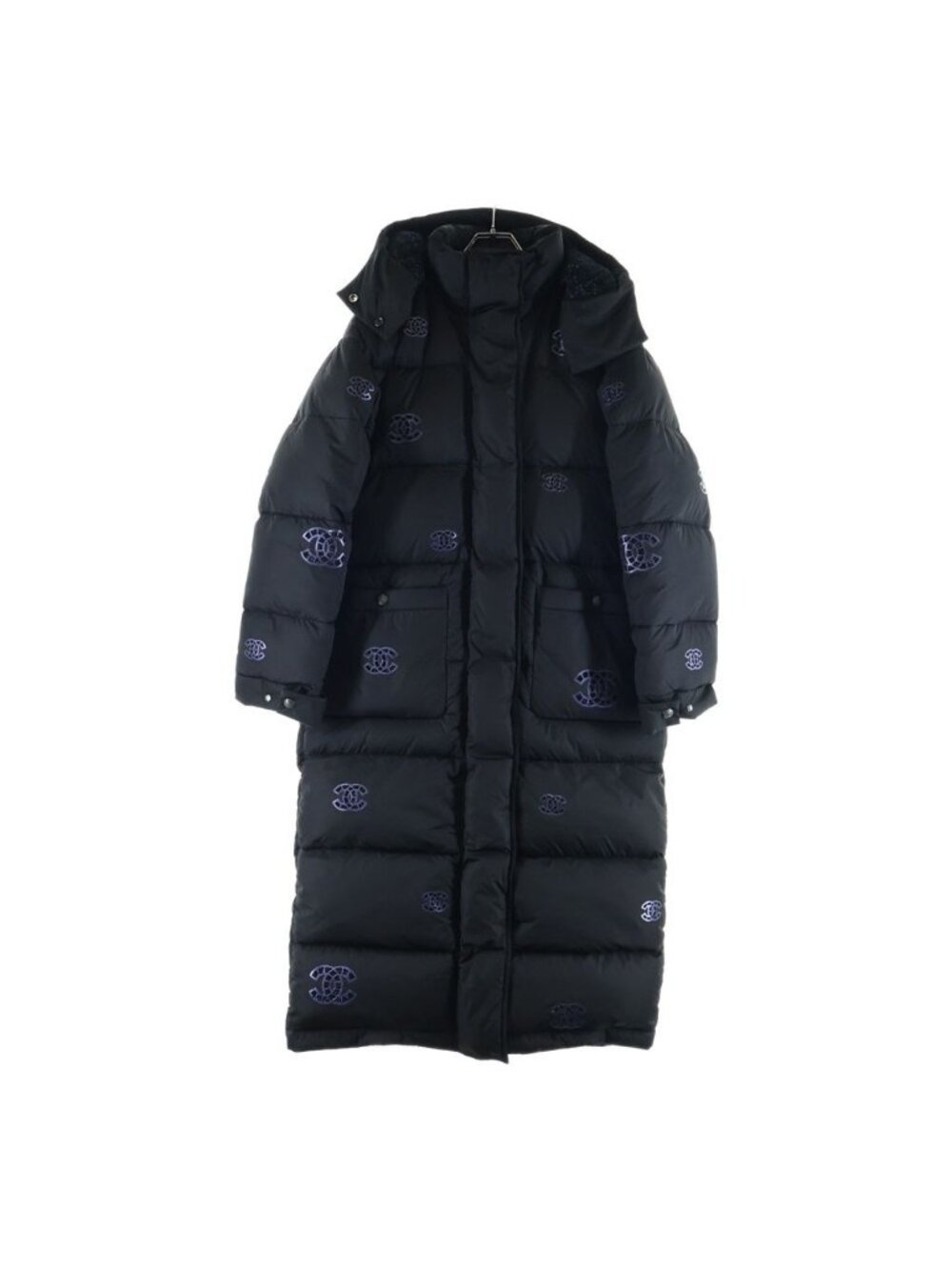 Chanel CC Logo All Over Print Long Down Jacket Black